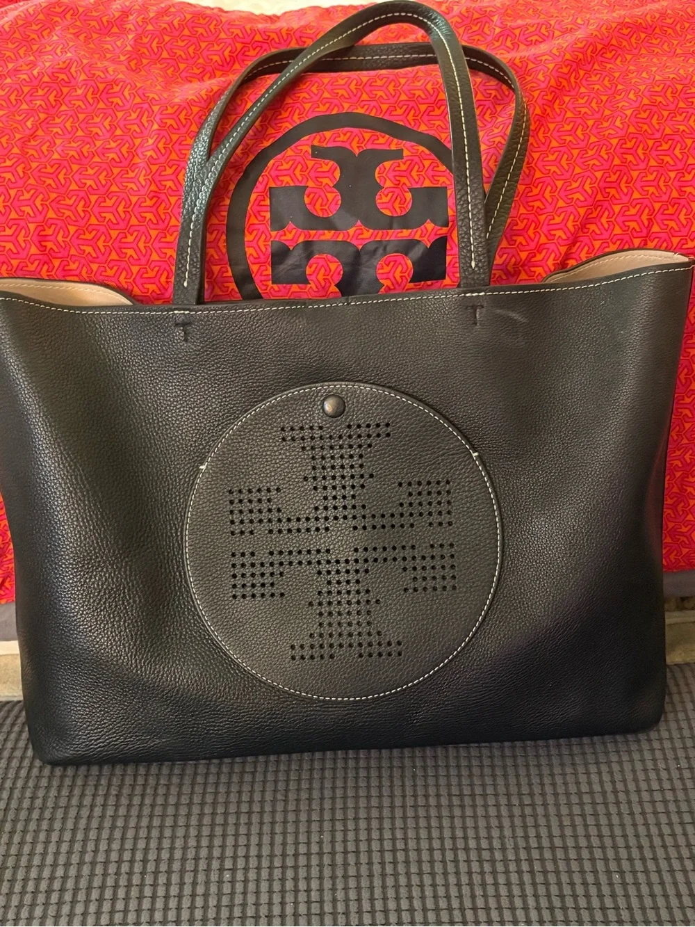 Tory Burch Black Perforated Logo Pebbled Leather Tote